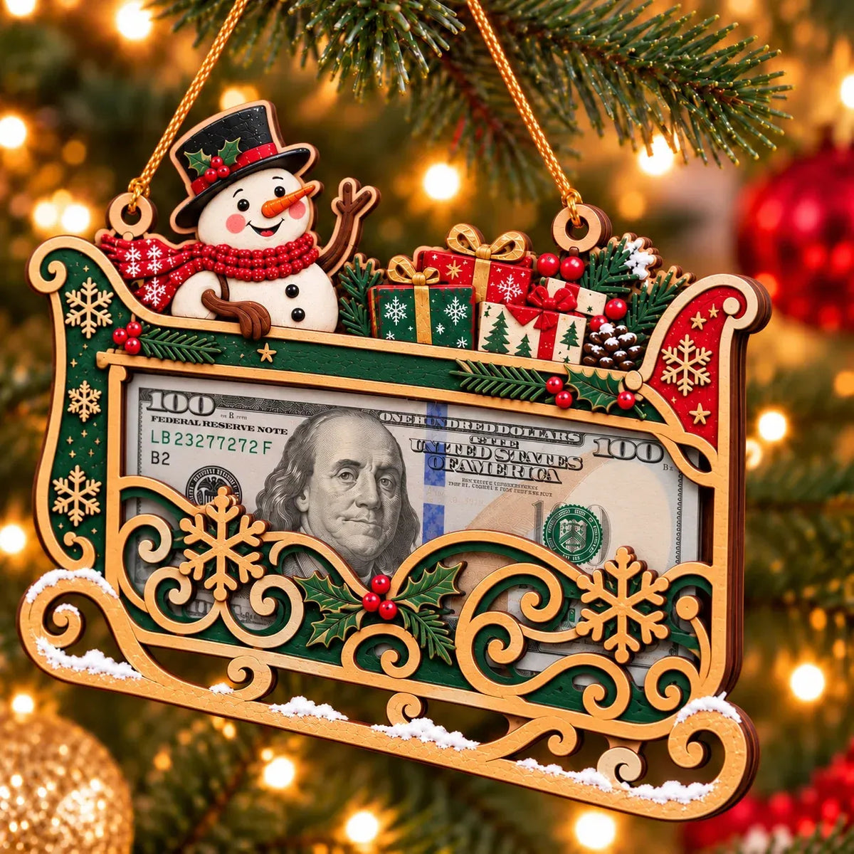 Wooden Christmas Cash Gift Holder Ornament