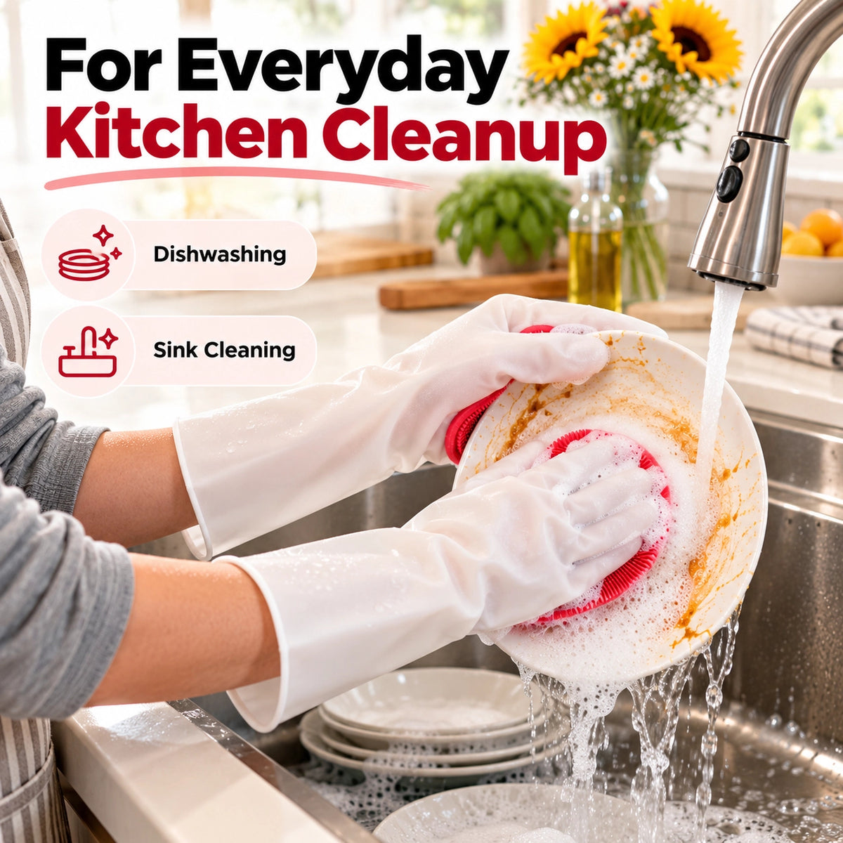 Dishwashing Gloves With Built-in Silicone Brush