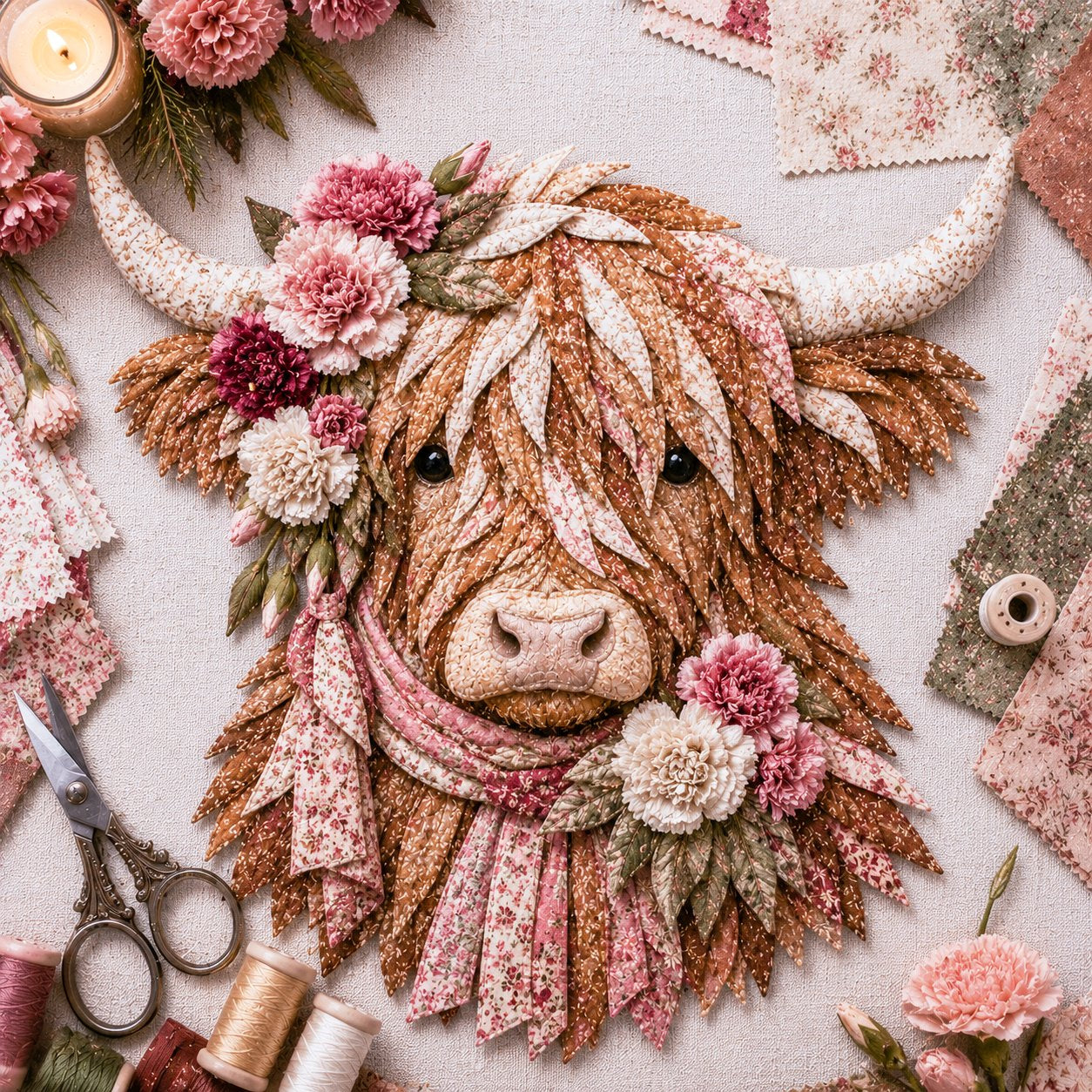 Birth Flower Highland Cow 3D Layered Fabric Art DIY Kit