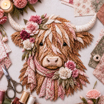 Birth Flower Highland Cow 3D Layered Fabric Art DIY Kit