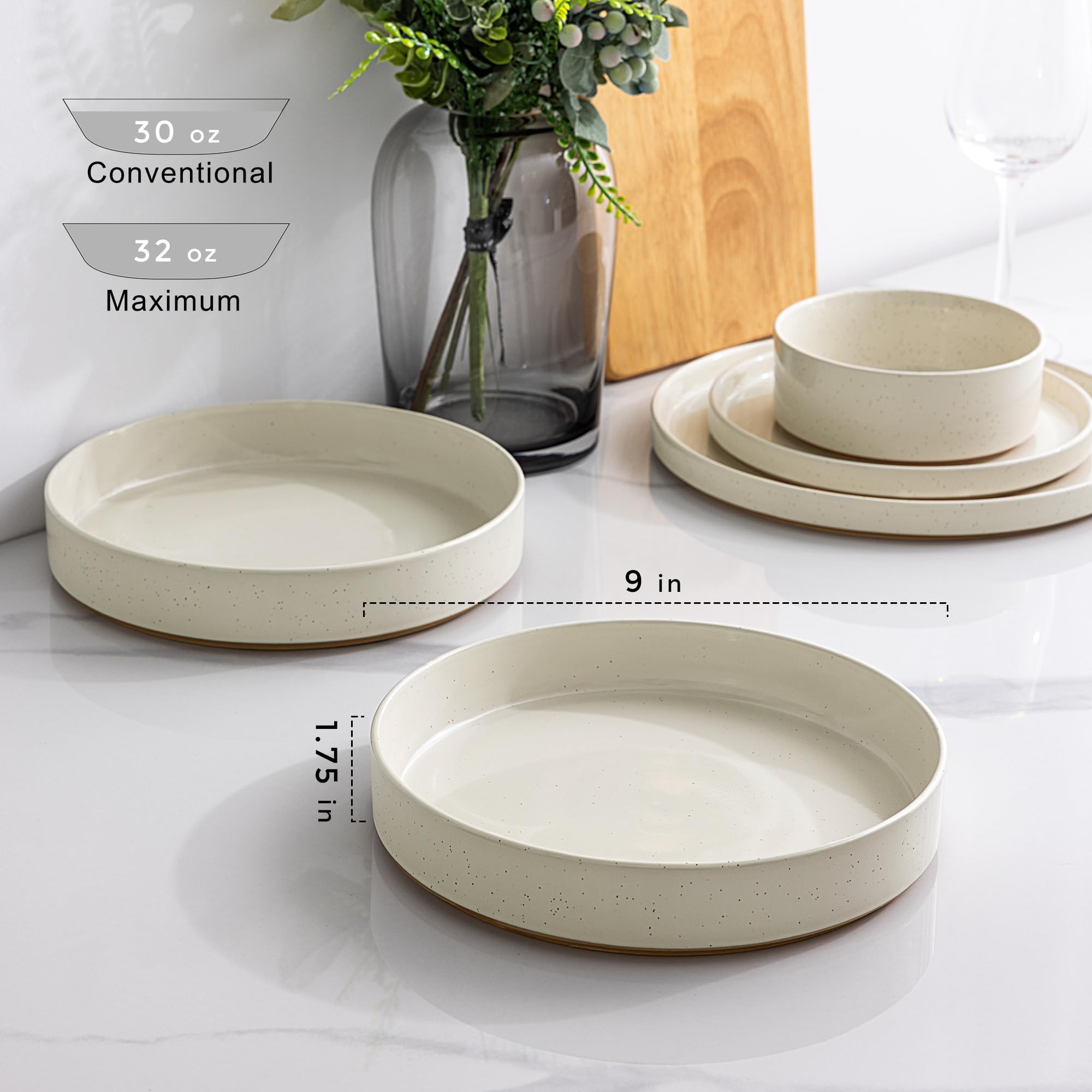 9" Large Ceramic Pasta Bowls Set of 4 – 32oz Speckled Stoneware