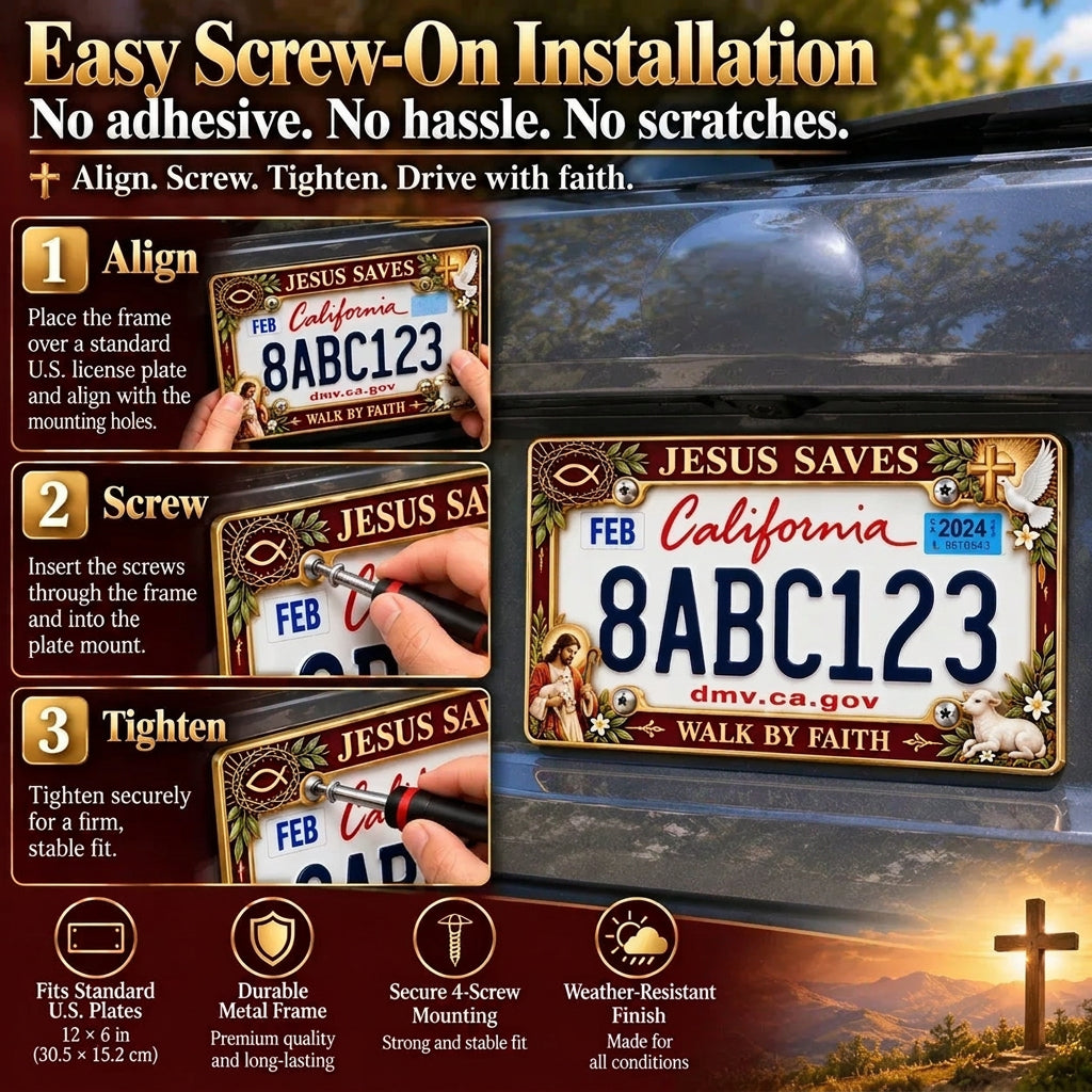 “Jesus Saves” & “Walk by Faith” Commemorative Jesus License Plate Frame
