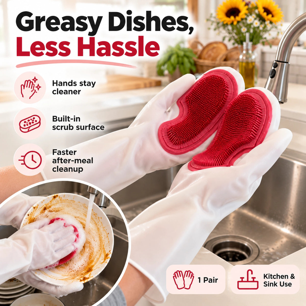 Dishwashing Gloves With Built-in Silicone Brush