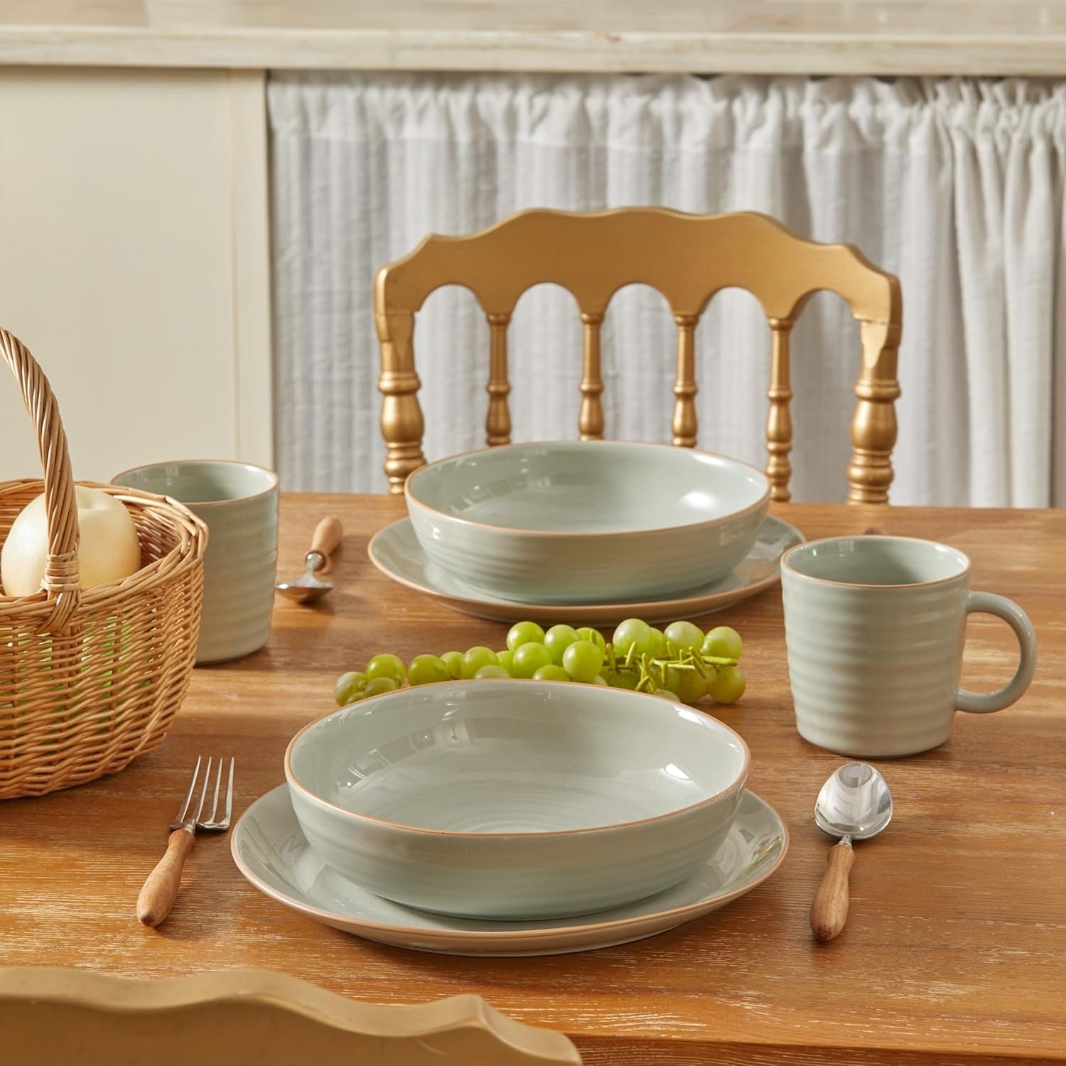 Light Sage Green Stoneware Pasta Bowl Set