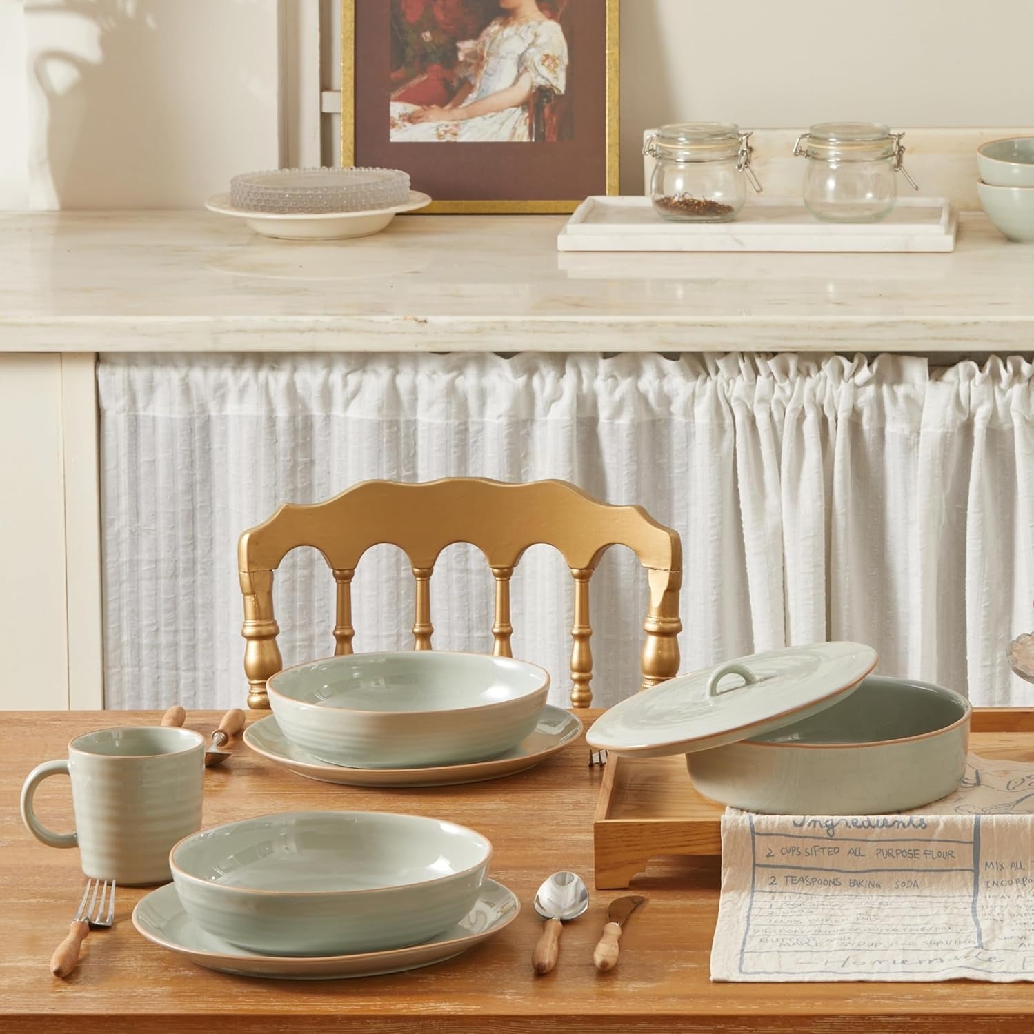 Light Sage Green Stoneware Pasta Bowl Set