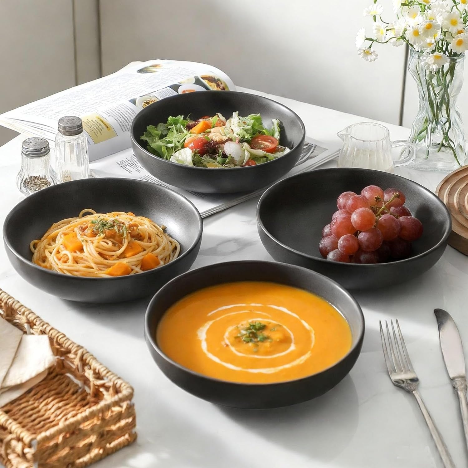 Modern Matte Black Ramen Pasta Bowl Set