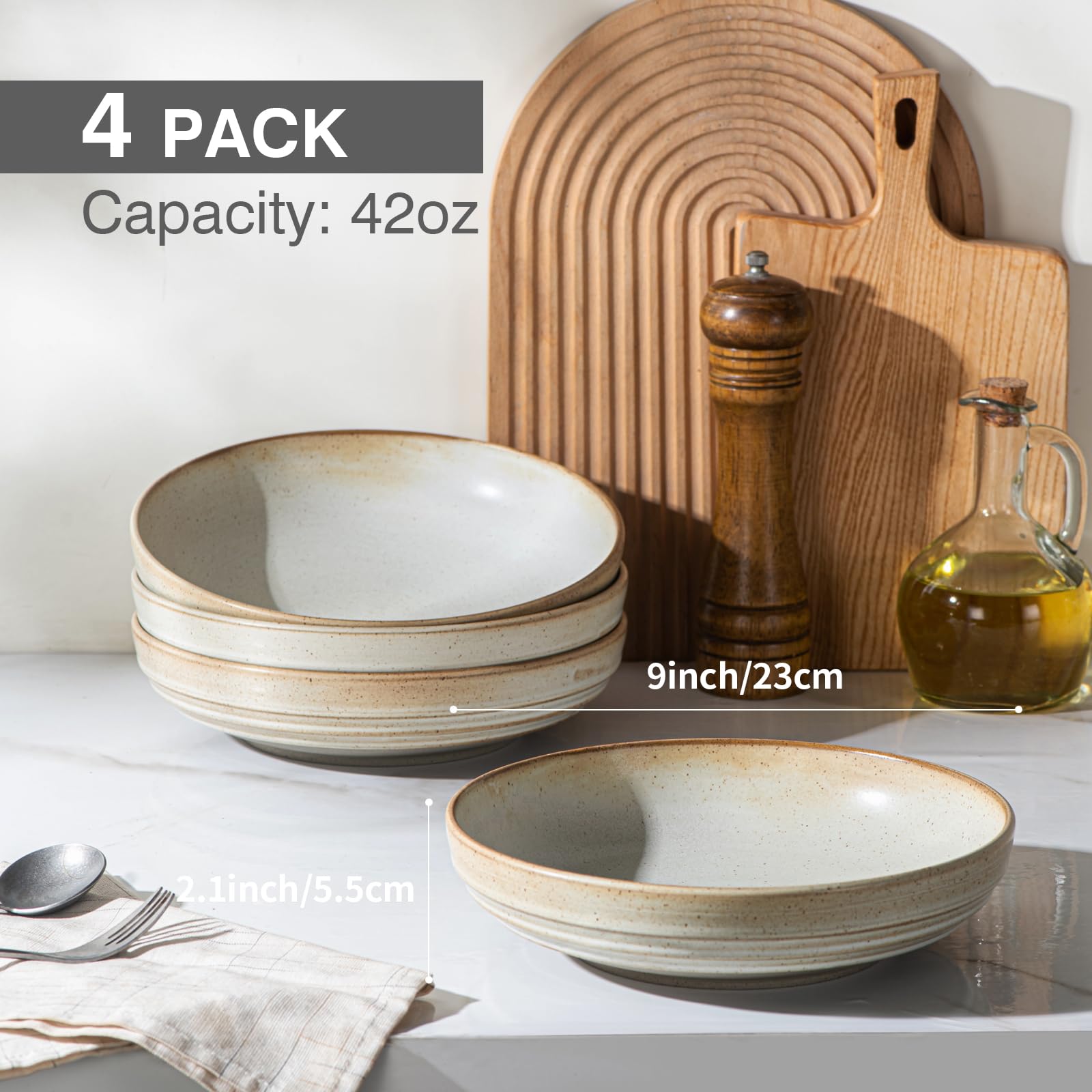 9'' Pasta Bowls Set of 4 – 42oz Large Salad Bowls, Double Reactive Glaze