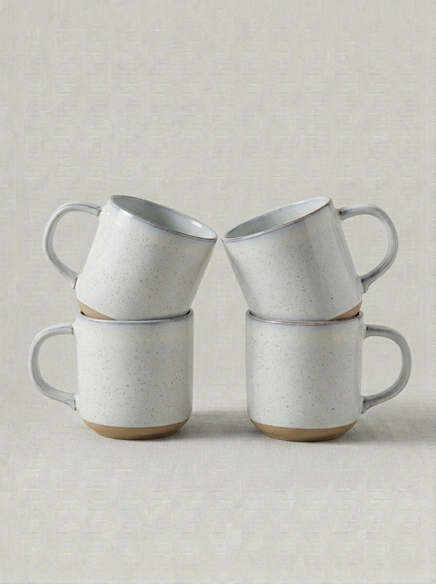 Bluish White Speckled Stoneware Coffee Mug Set with Terracotta Base