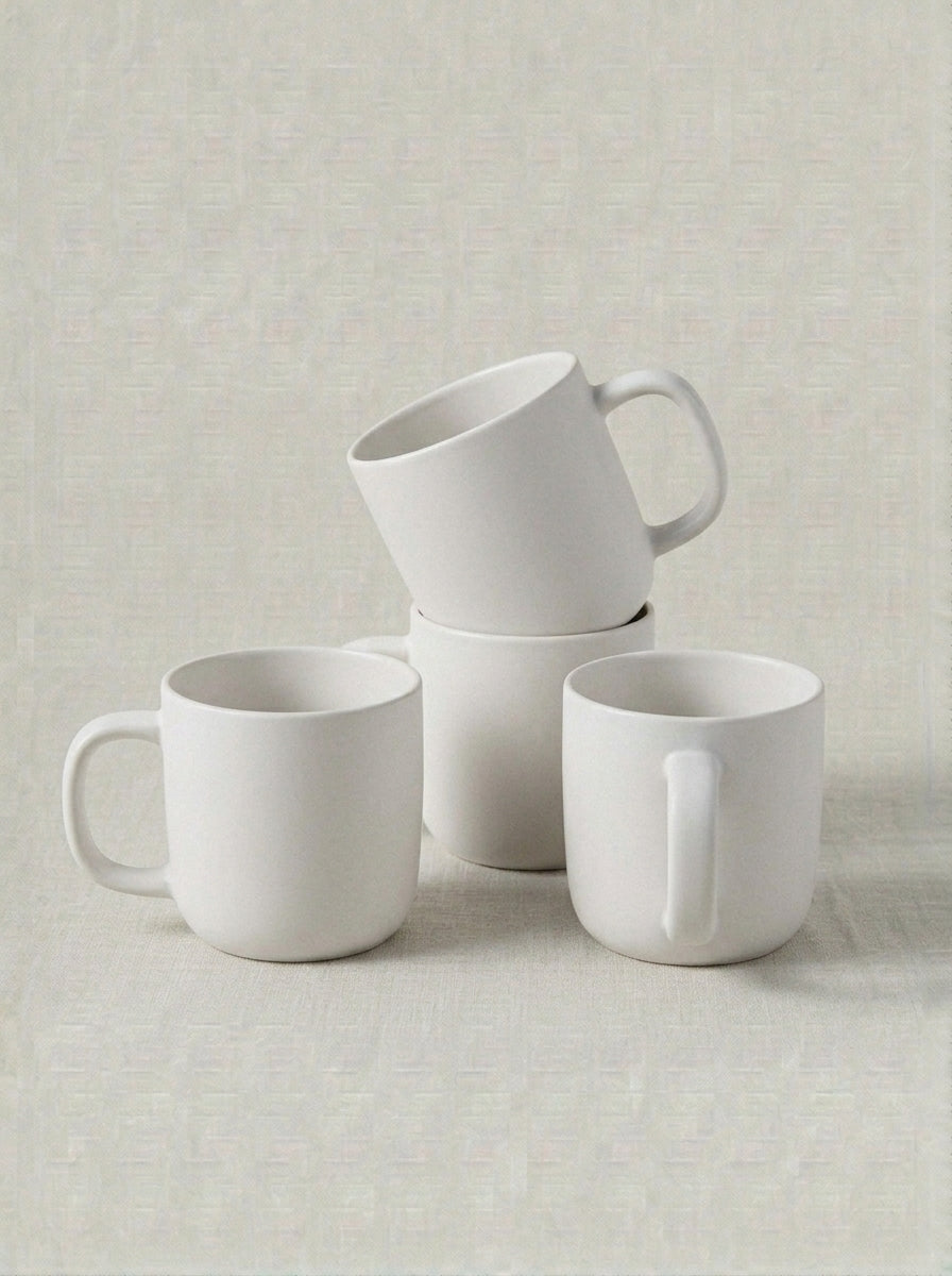 Matte White Ceramic Coffee Mug Set with Wavy Rim