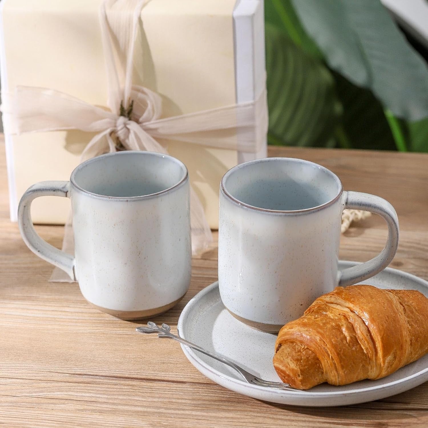Bluish White Speckled Stoneware Coffee Mug Set with Terracotta Base