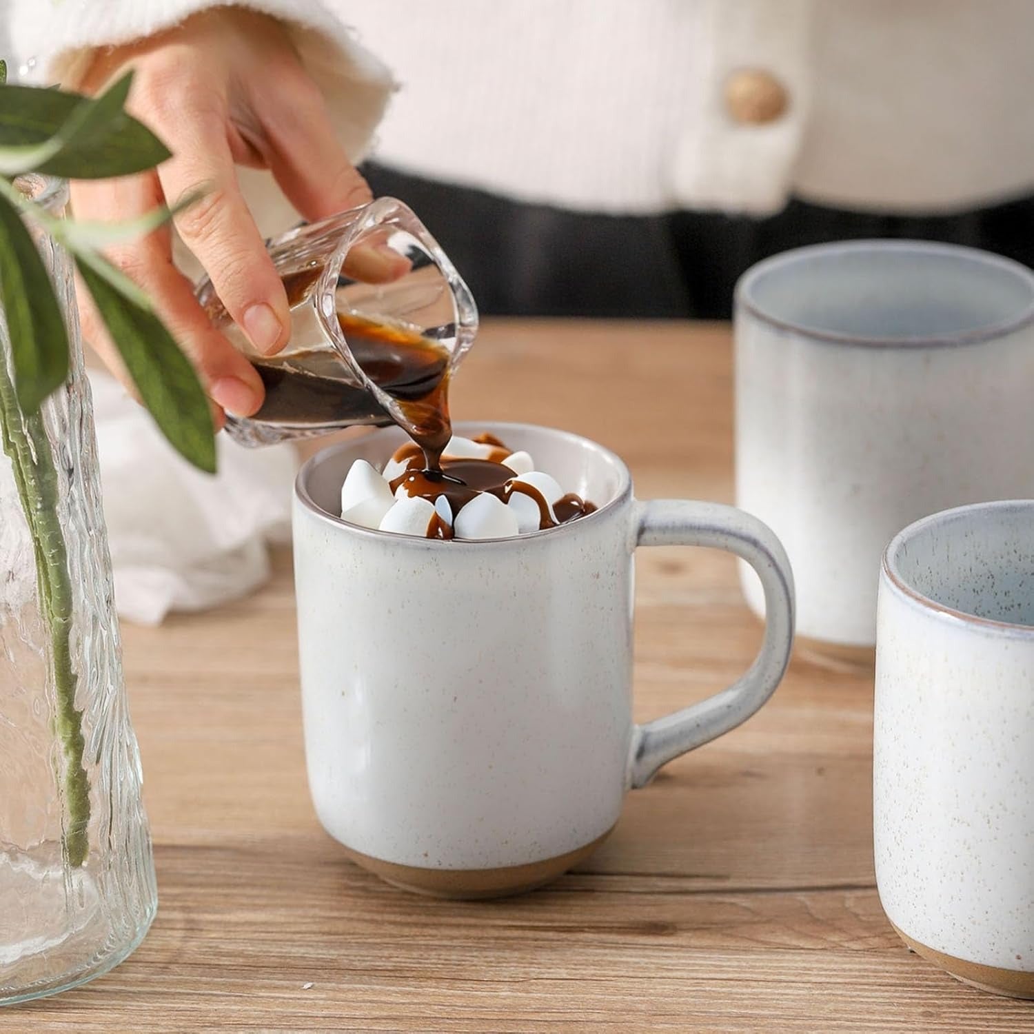 Bluish White Speckled Stoneware Coffee Mug Set with Terracotta Base