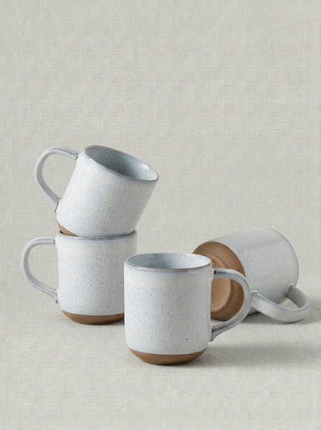 Bluish White Speckled Stoneware Coffee Mug Set with Terracotta Base