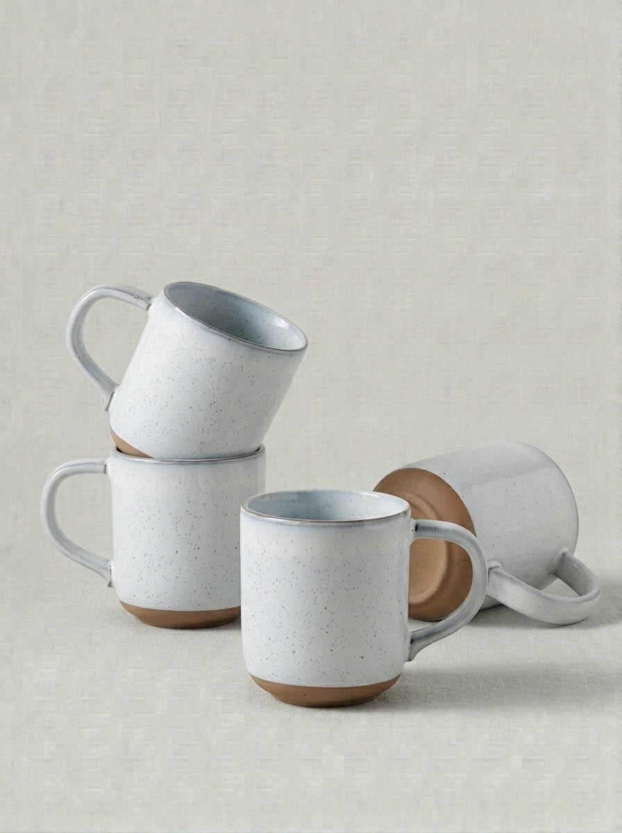 Bluish White Speckled Stoneware Coffee Mug Set with Terracotta Base