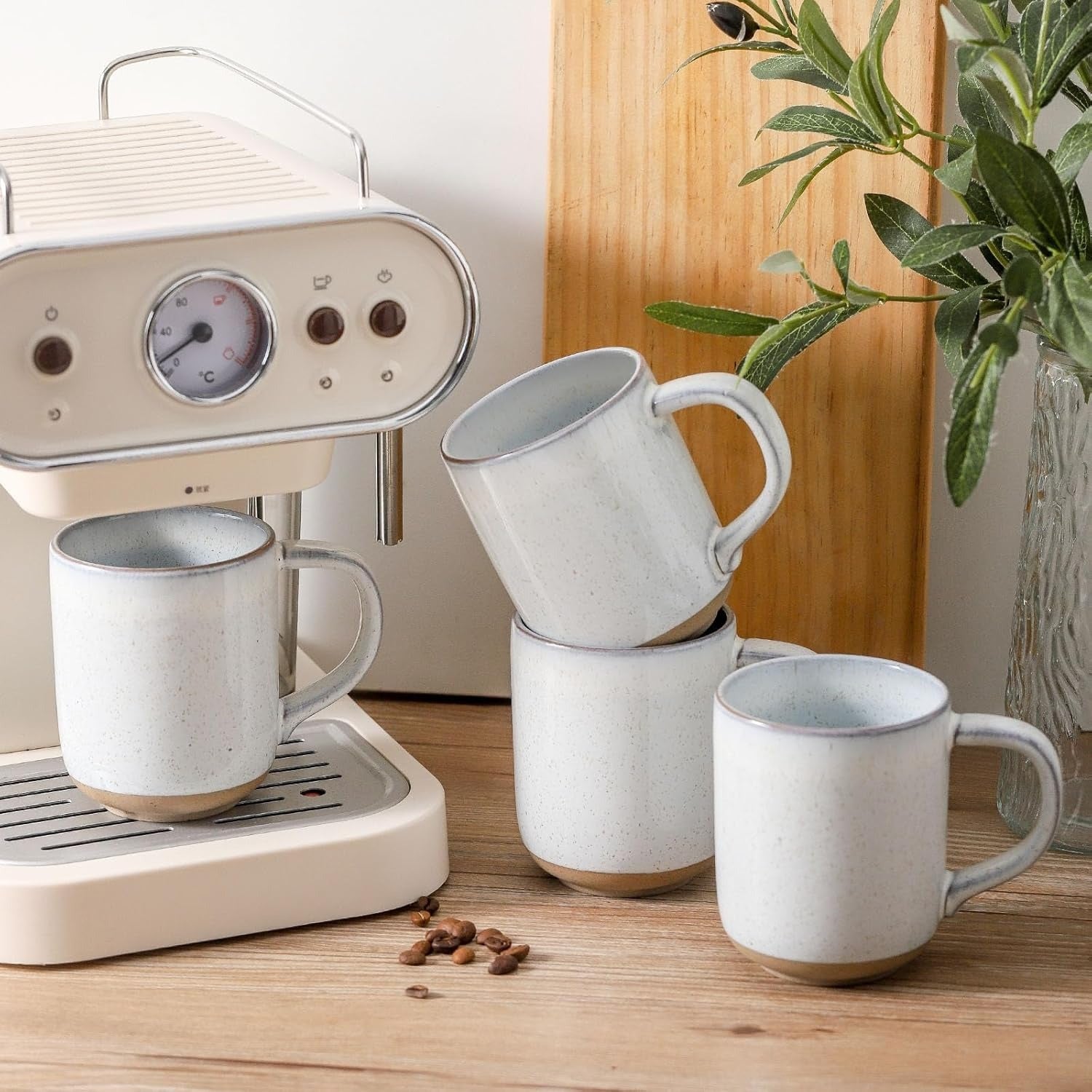 Bluish White Speckled Stoneware Coffee Mug Set with Terracotta Base