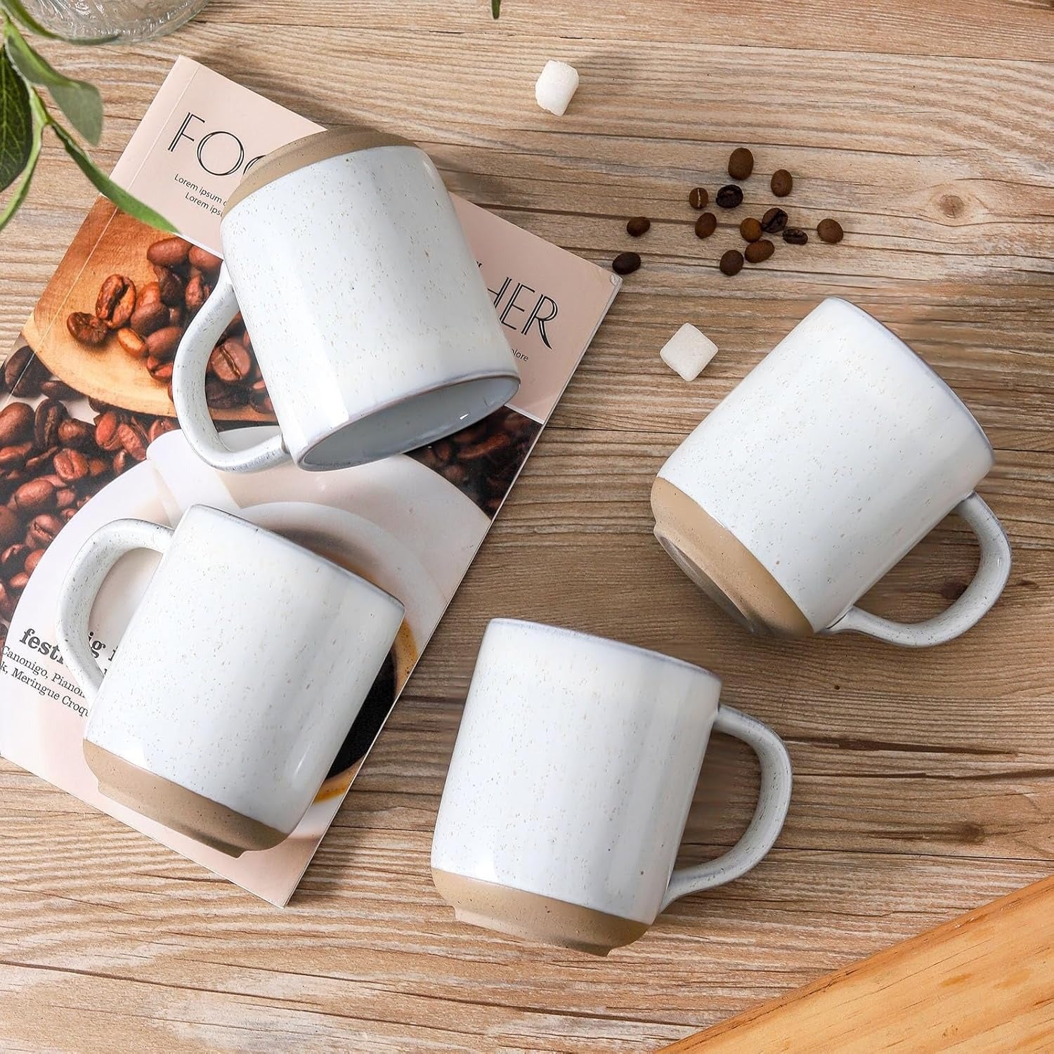 Bluish White Speckled Stoneware Coffee Mug Set with Terracotta Base