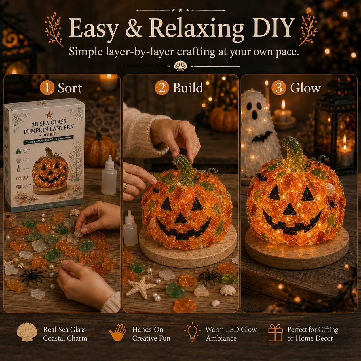 Beginner-Friendly DIY Lighted Sea Glass Halloween Character Kit Collection