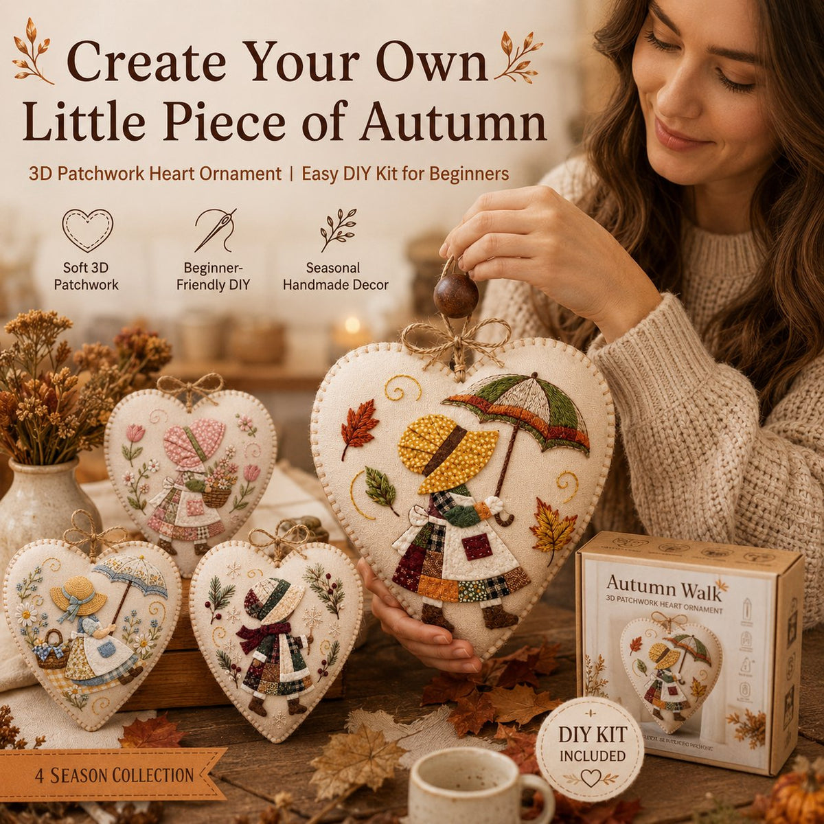 Stitched Seasons 3D Patchwork Heart Ornament DIY Kit