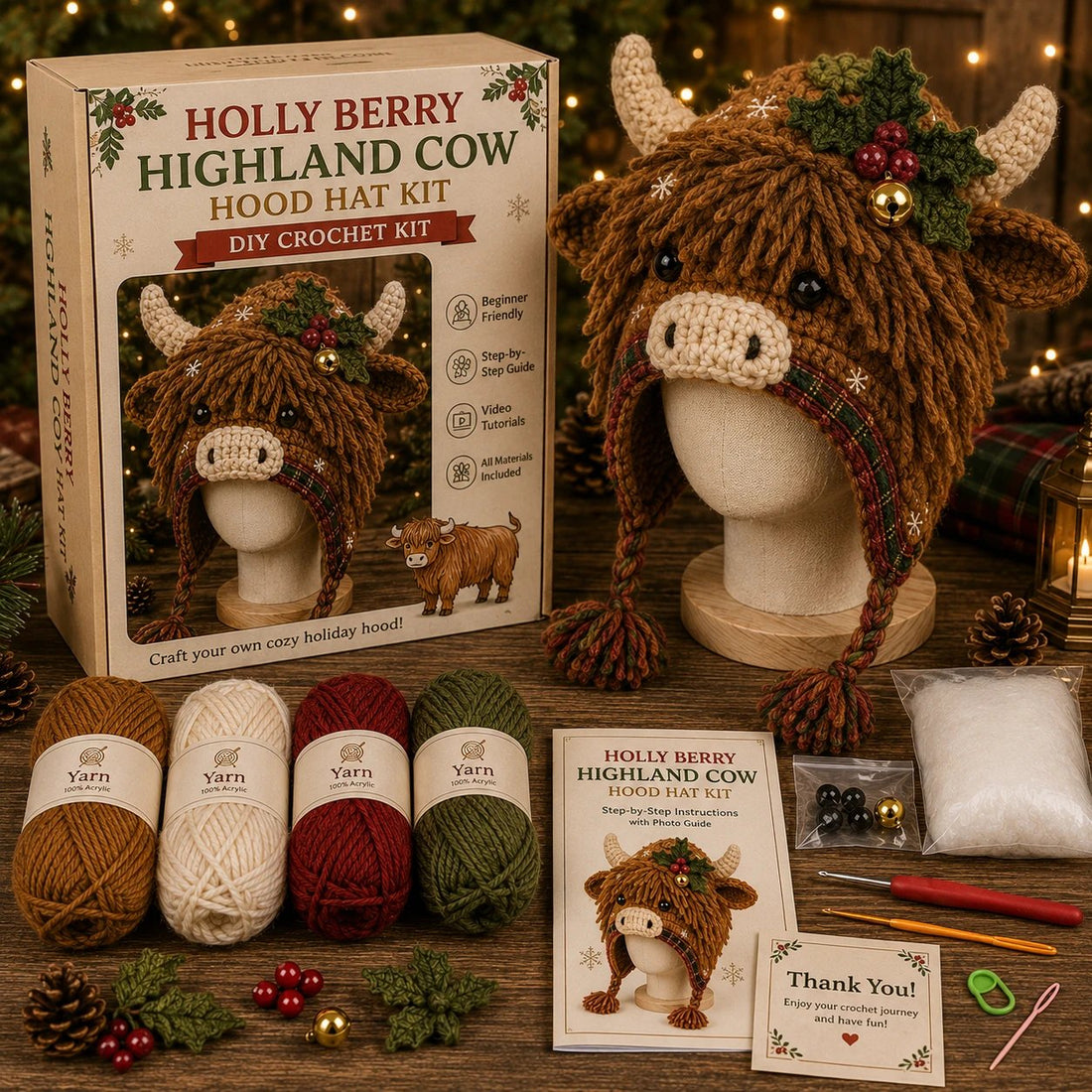 Christmas Highland Cow Hood Hat DIY Crochet Kit