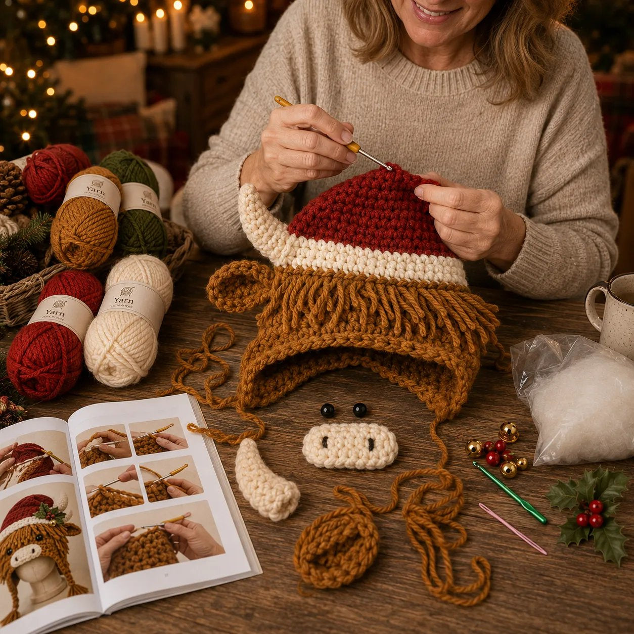 Christmas Highland Cow Hood Hat DIY Crochet Kit