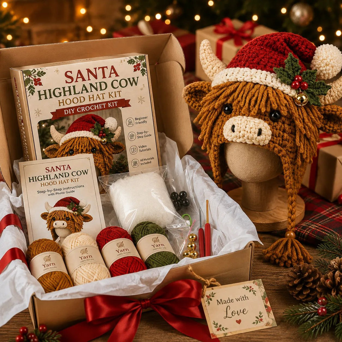 Christmas Highland Cow Hood Hat DIY Crochet Kit