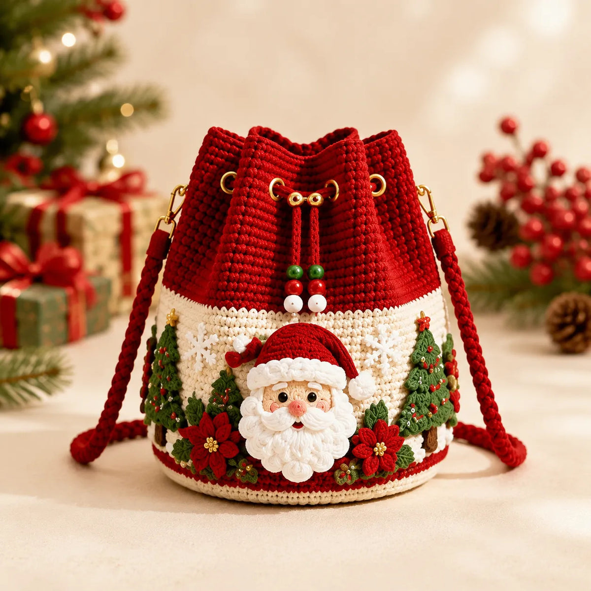Christmas Crochet Bucket Crossbody Bag