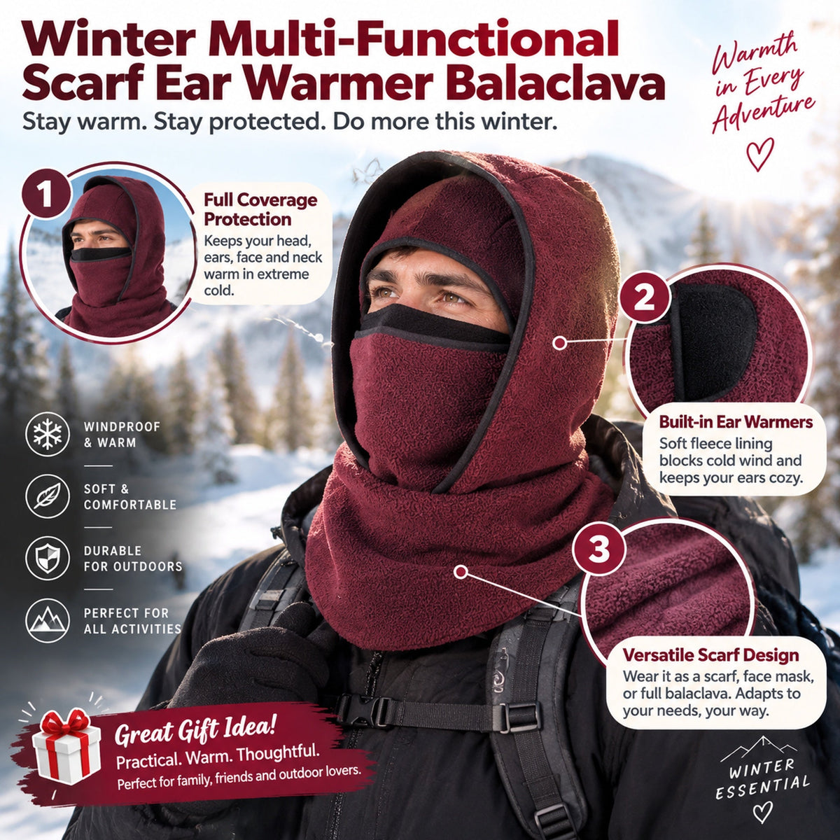 Winter All-In-One Scarf Ear Cover Warm Balaclava