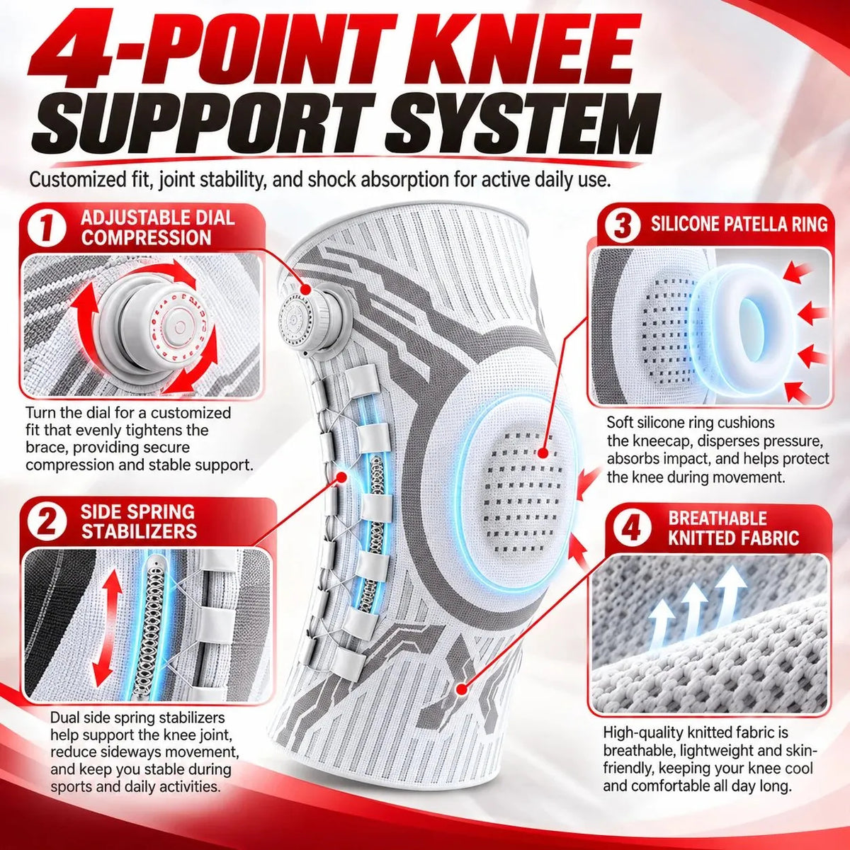 Dial-Adjustable Sports Knee Brace with Alloy Spring Support