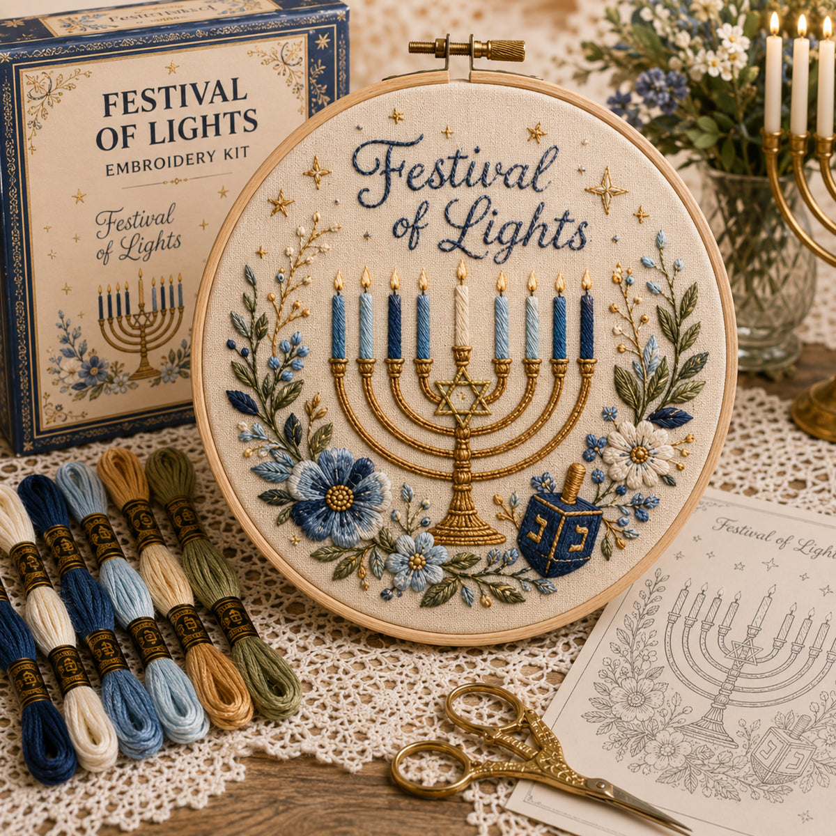 Hanukkah DIY Embroidery Kit – Beautiful Festival of Lights Designs