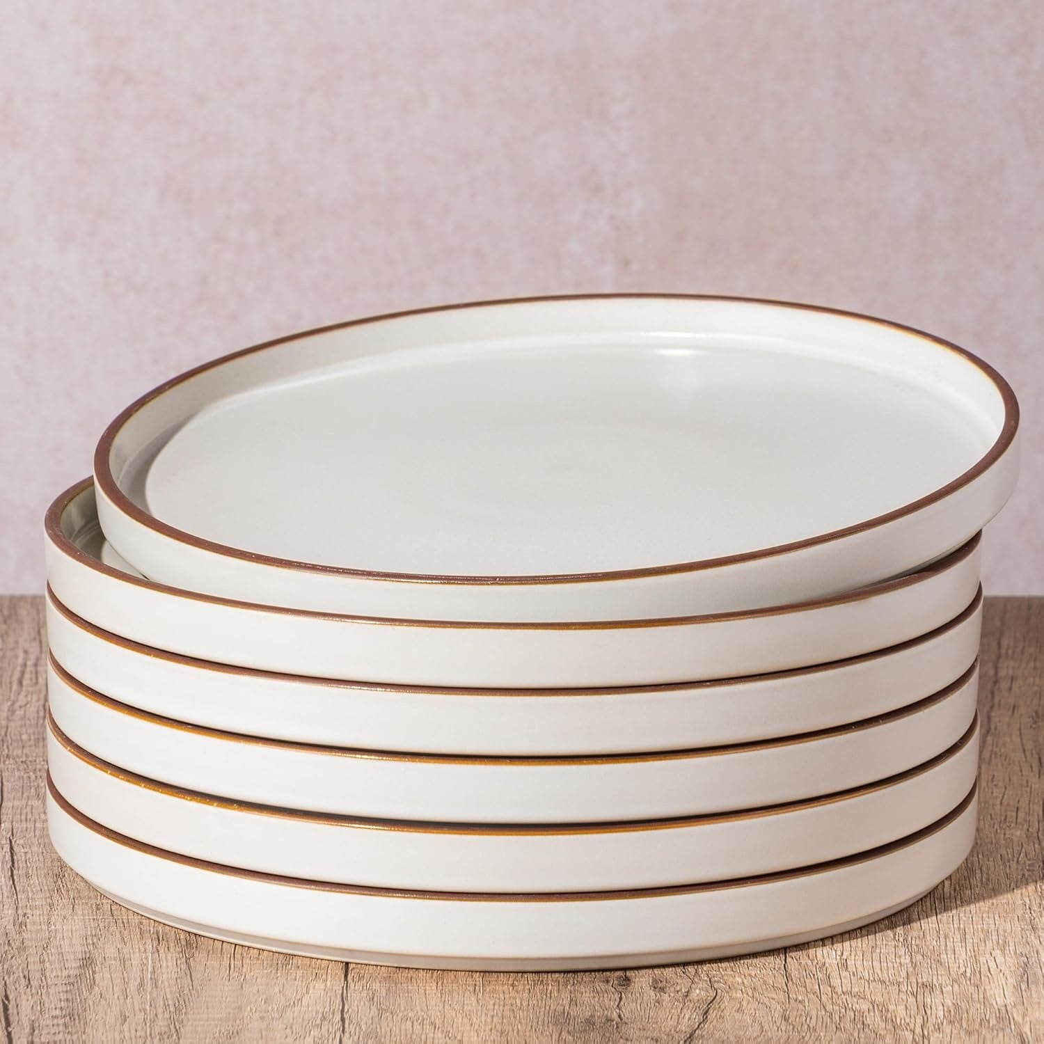 Modern Rustic Ceramic Dinner Plates with Coffee Rim Detail