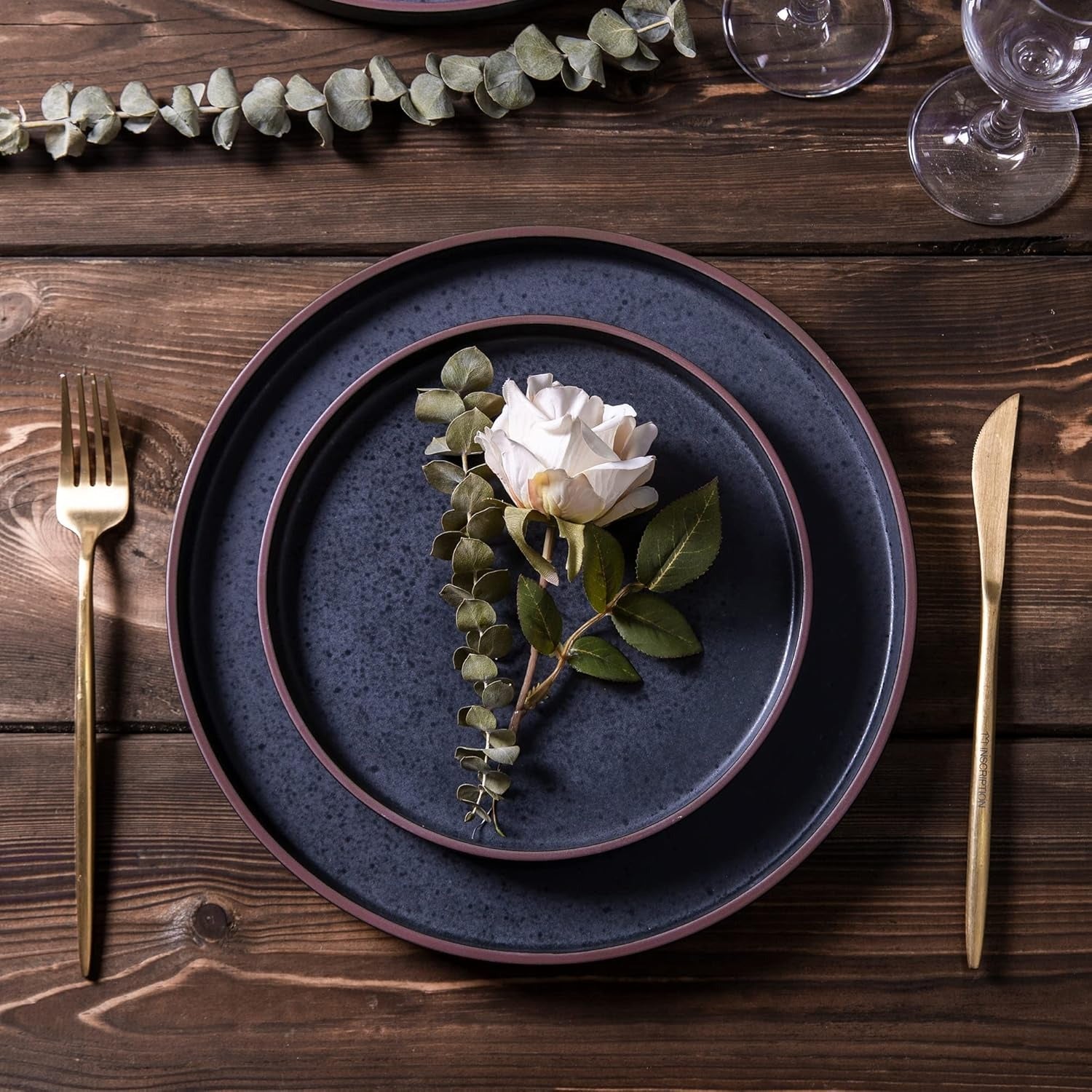Modern Rustic Ceramic Dinner Plates with Coffee Rim Detail
