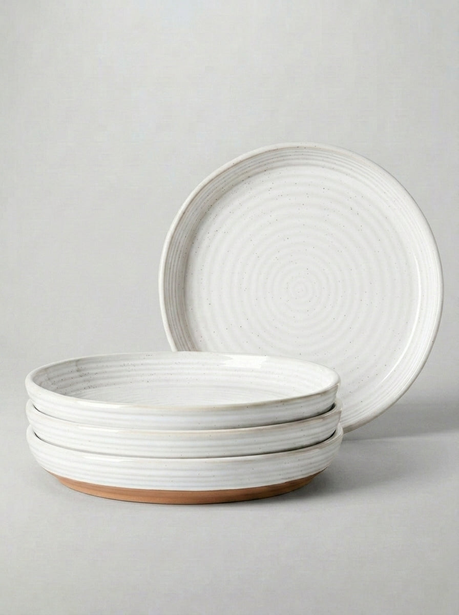 Arctic White Ceramic Dinner Plates with Modern Spiral Texture