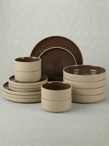 Mocha Brown Reactive Glaze Stoneware Dinnerware Set