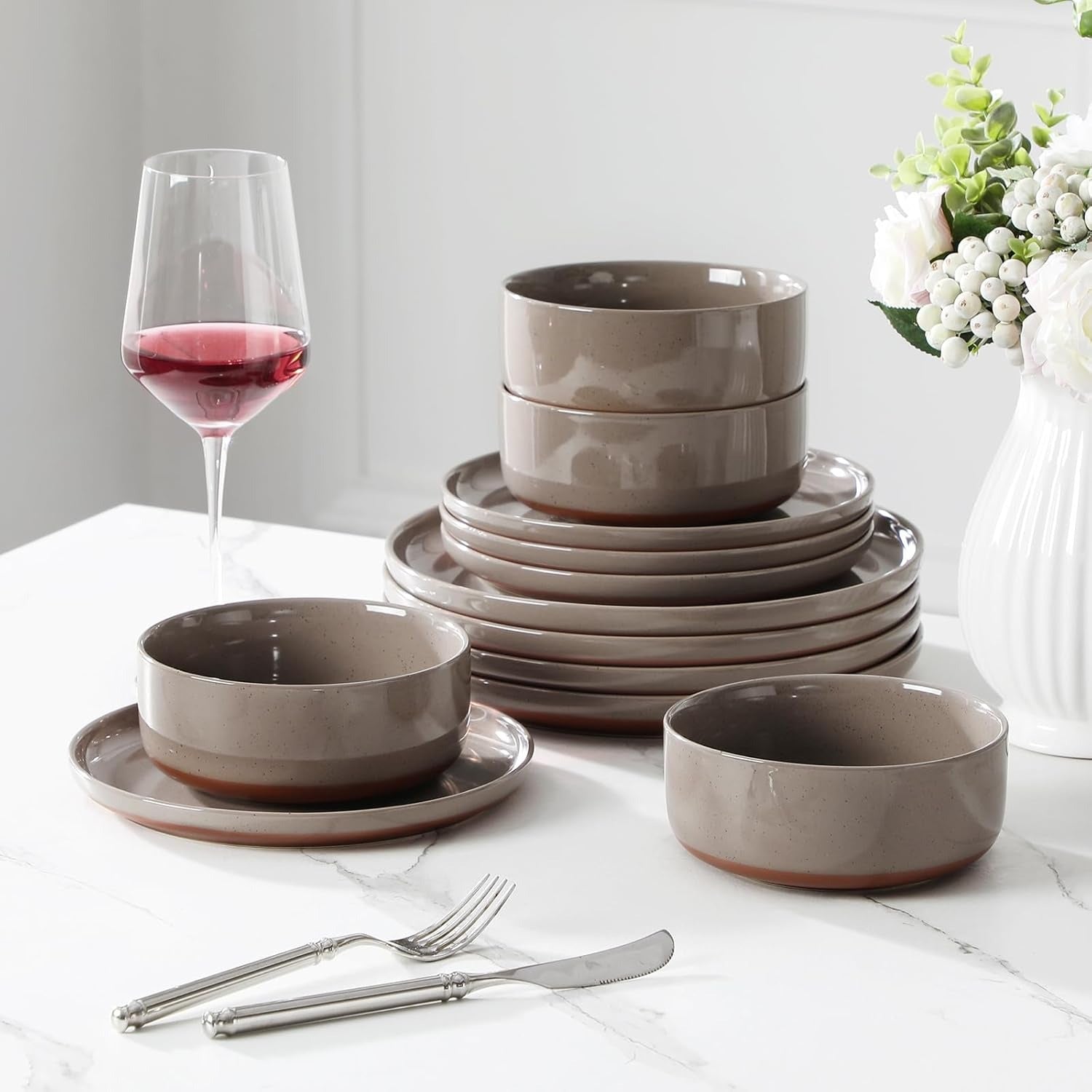 Modern Speckled Finish Brown Stoneware Dinnerware Set