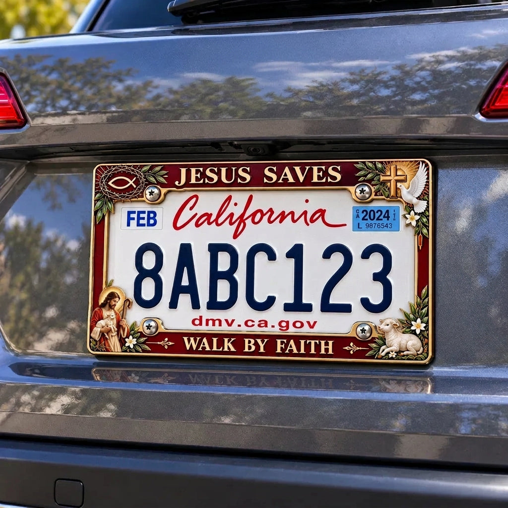 “Jesus Saves” & “Walk by Faith” Commemorative Jesus License Plate Frame