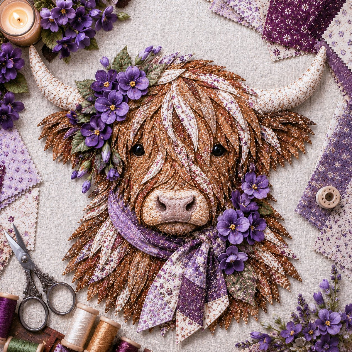 Birth Flower Highland Cow 3D Layered Fabric Art DIY Kit