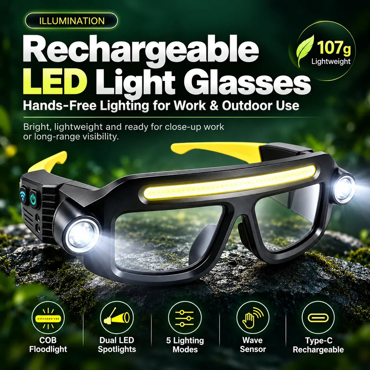 Rechargeable LED Light Glasses with 5 Modes & Wave Sensor