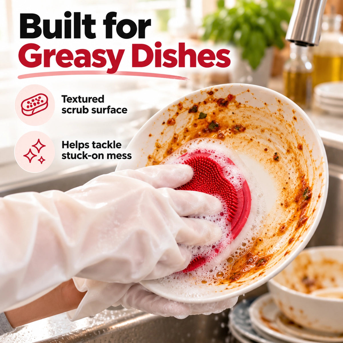 Dishwashing Gloves With Built-in Silicone Brush