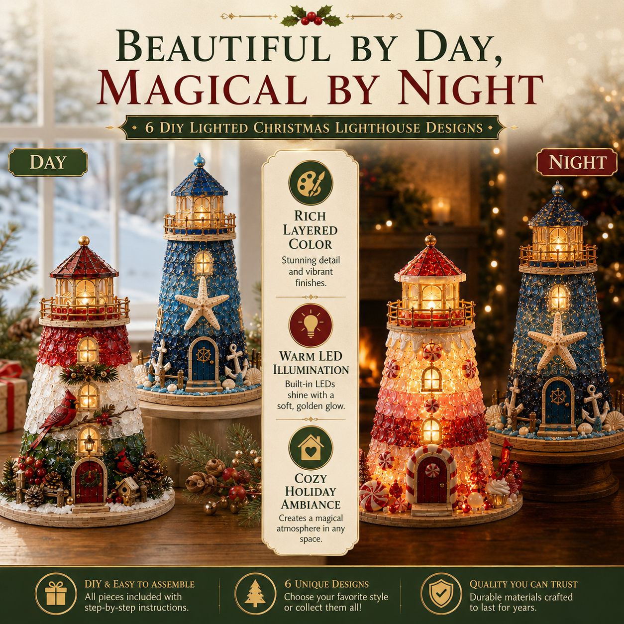 Beginner-Friendly DIY Lighted Christmas Character Sea Glass-Style Lighthouse Kit Collection