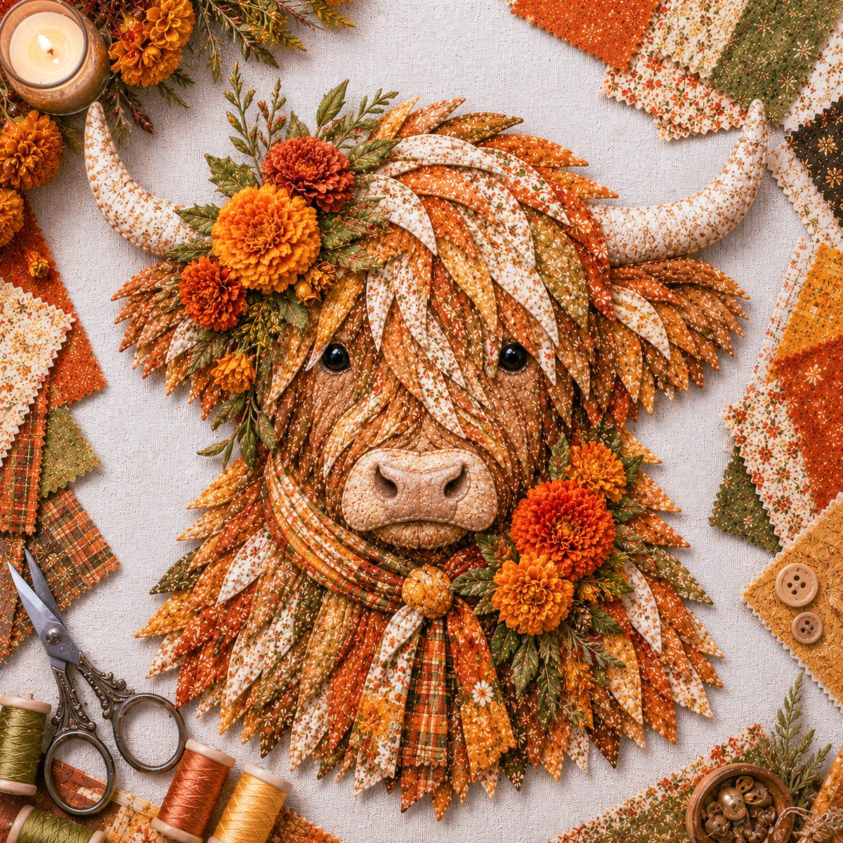 Birth Flower Highland Cow 3D Layered Fabric Art DIY Kit