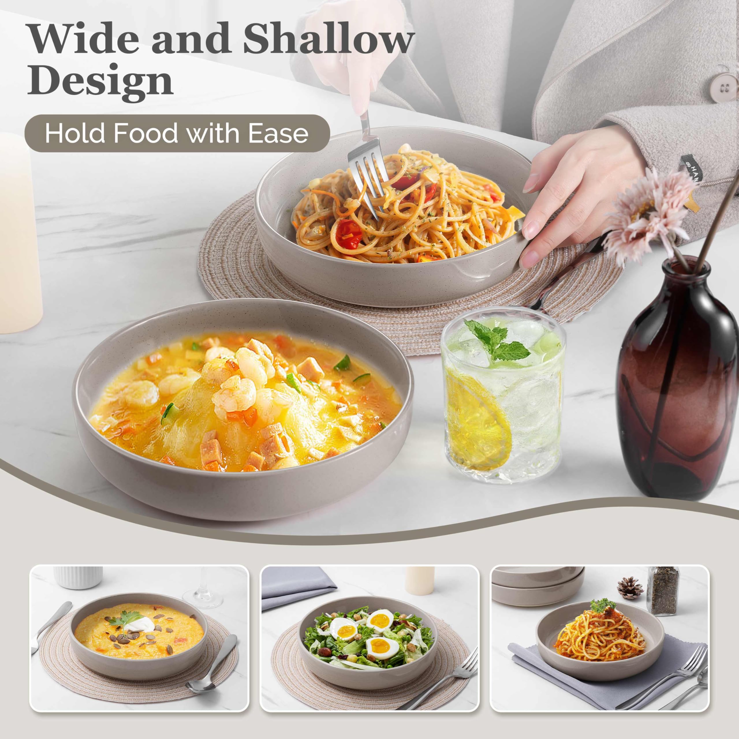 33oz Pasta Bowls Set – Wide & Shallow Stoneware Salad Bowls