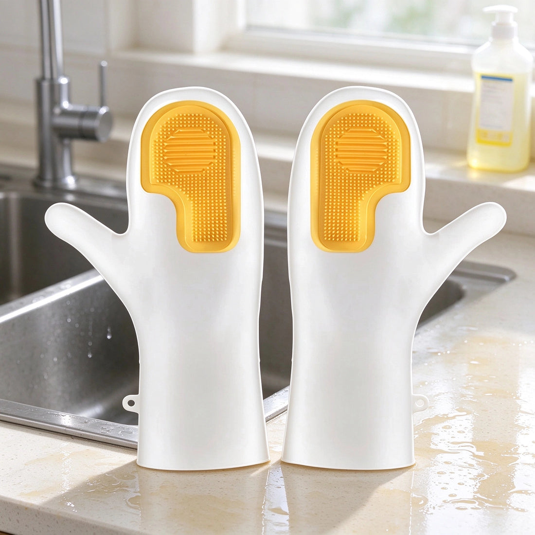 Dishwashing Gloves With Built-in Silicone Brush