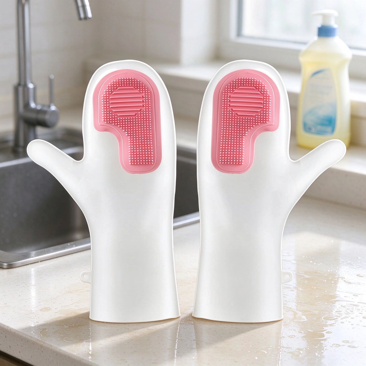 Dishwashing Gloves With Built-in Silicone Brush