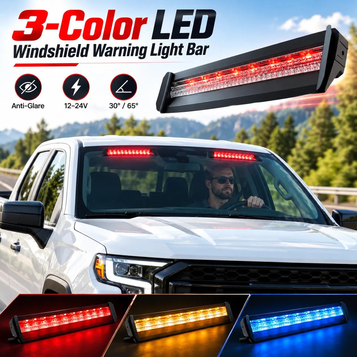 3-Color LED Windshield Warning Light Bar