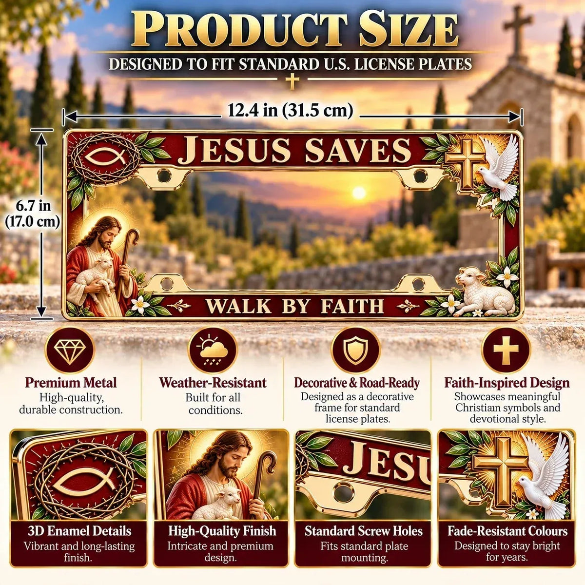 “Jesus Saves” & “Walk by Faith” Commemorative Jesus License Plate Frame