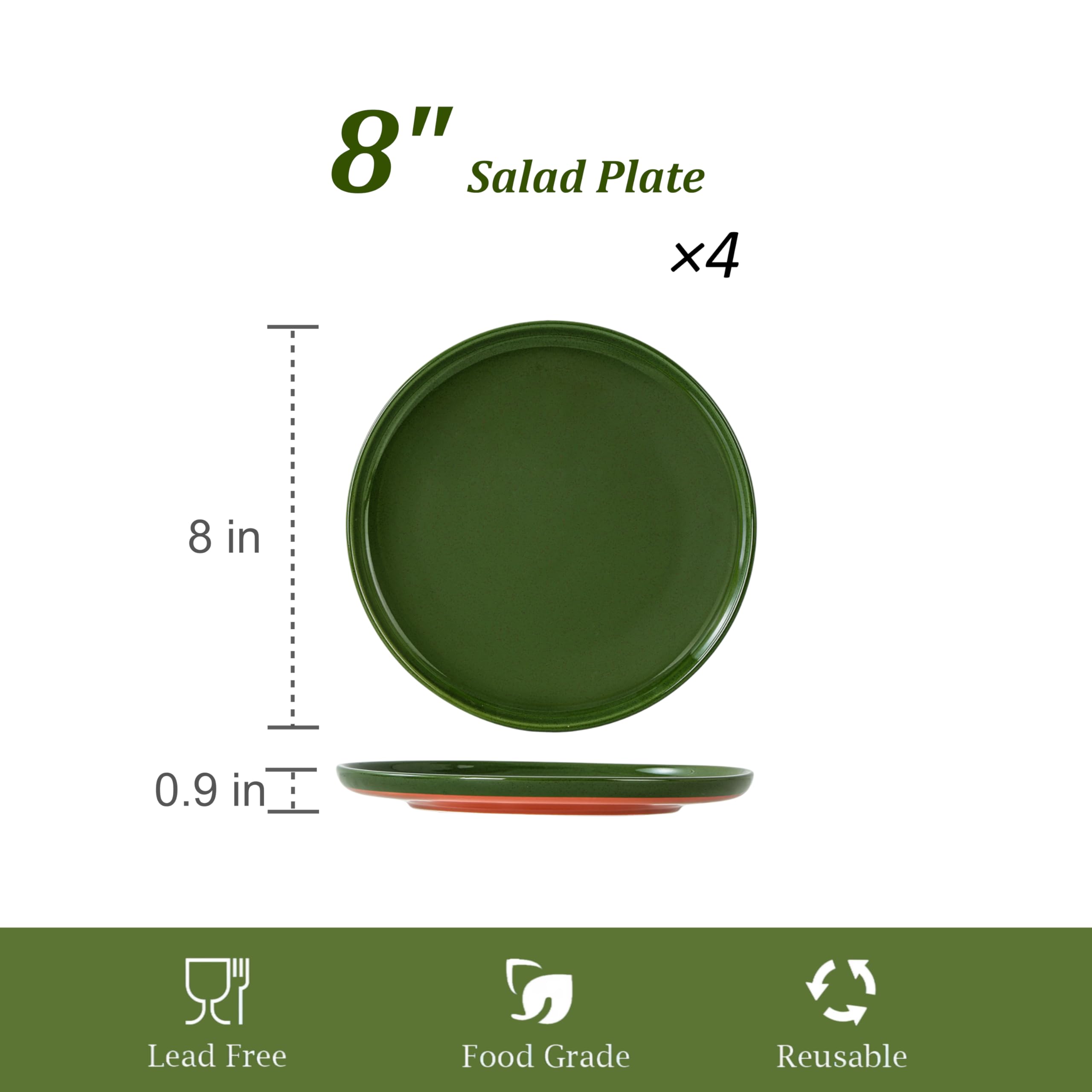 8" Ceramic Salad Plates Set of 4 – Elegant Green Stoneware