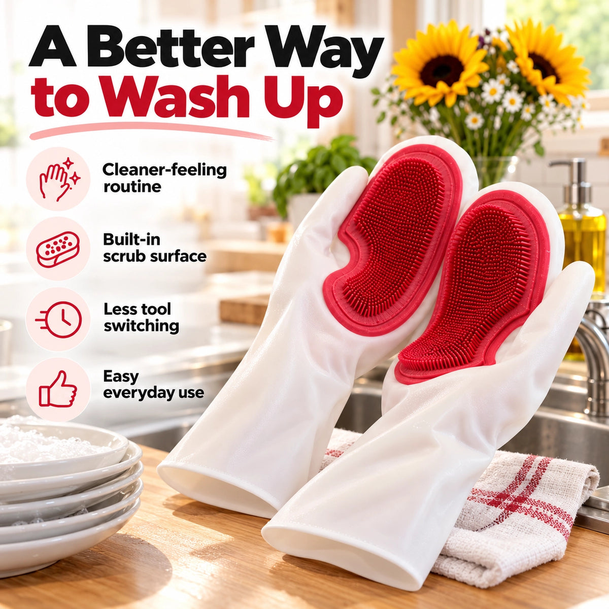 Dishwashing Gloves With Built-in Silicone Brush