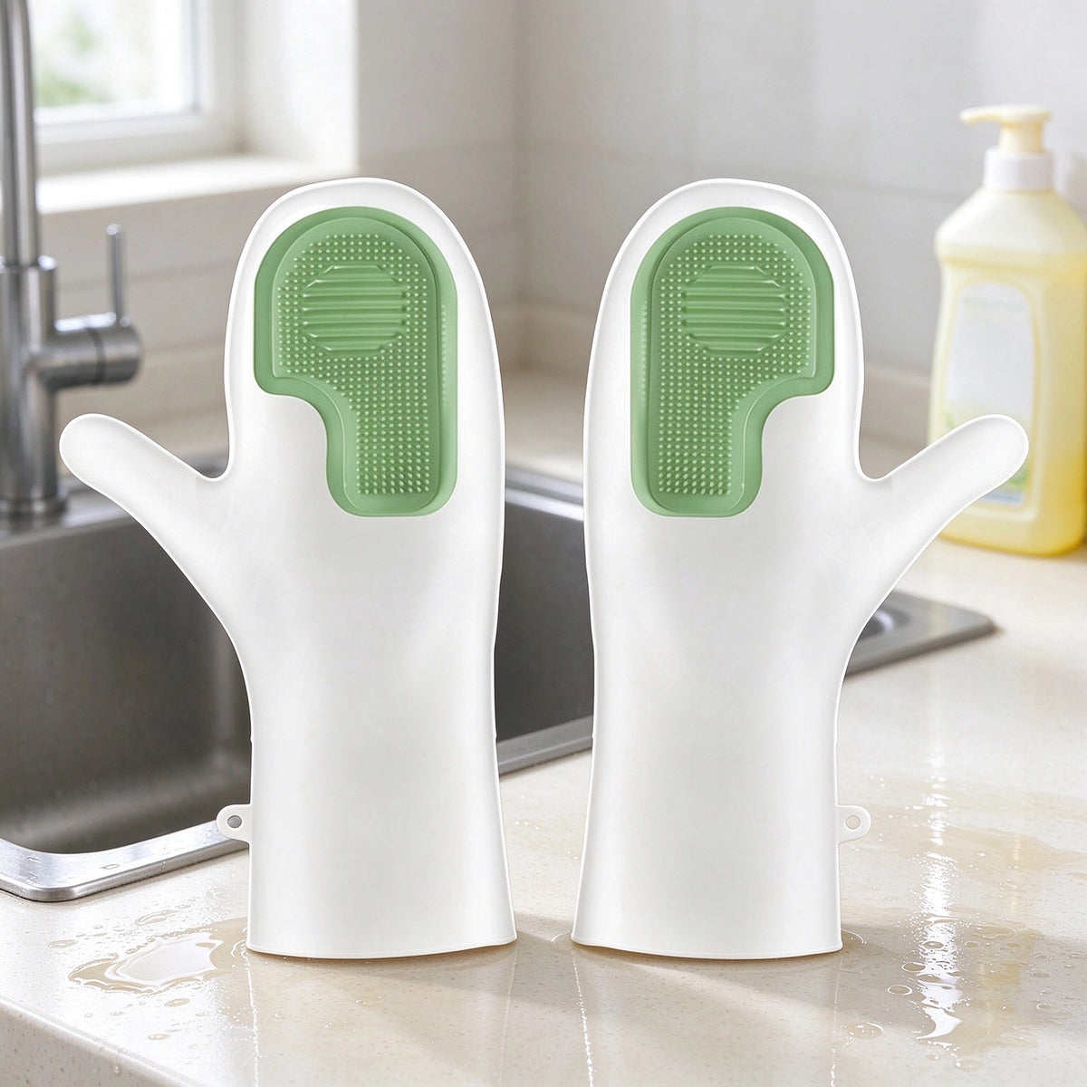 Dishwashing Gloves With Built-in Silicone Brush