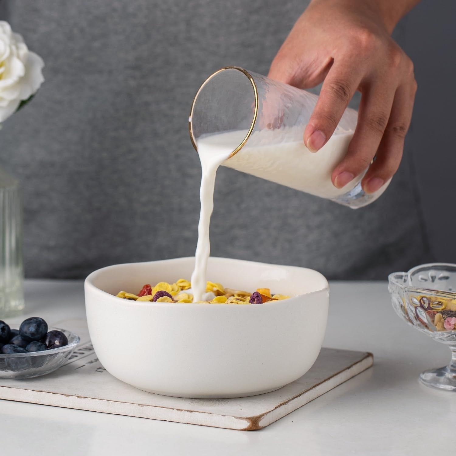 Matte White Reactive Glaze Stoneware Cereal Bowl Set