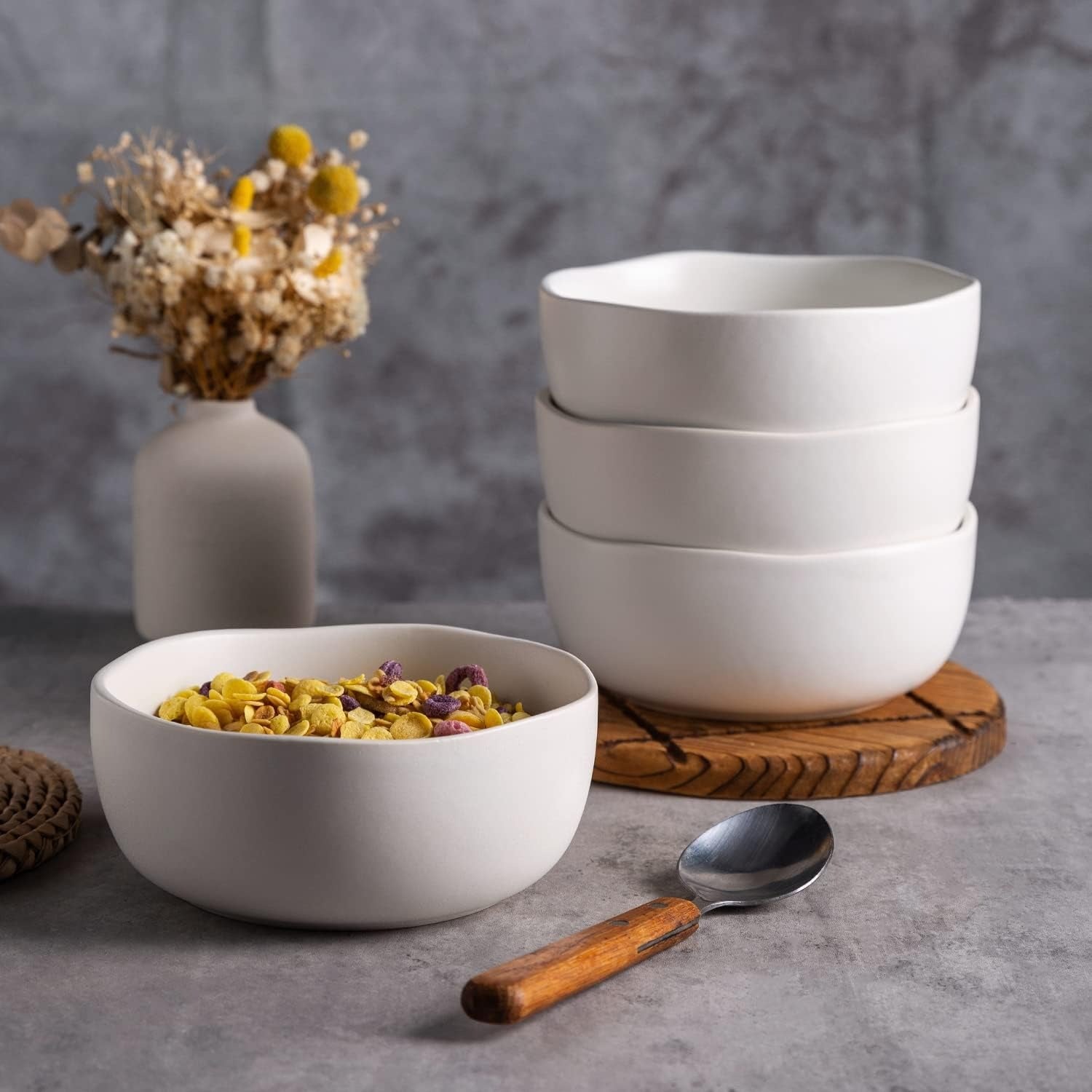 Matte White Reactive Glaze Stoneware Cereal Bowl Set