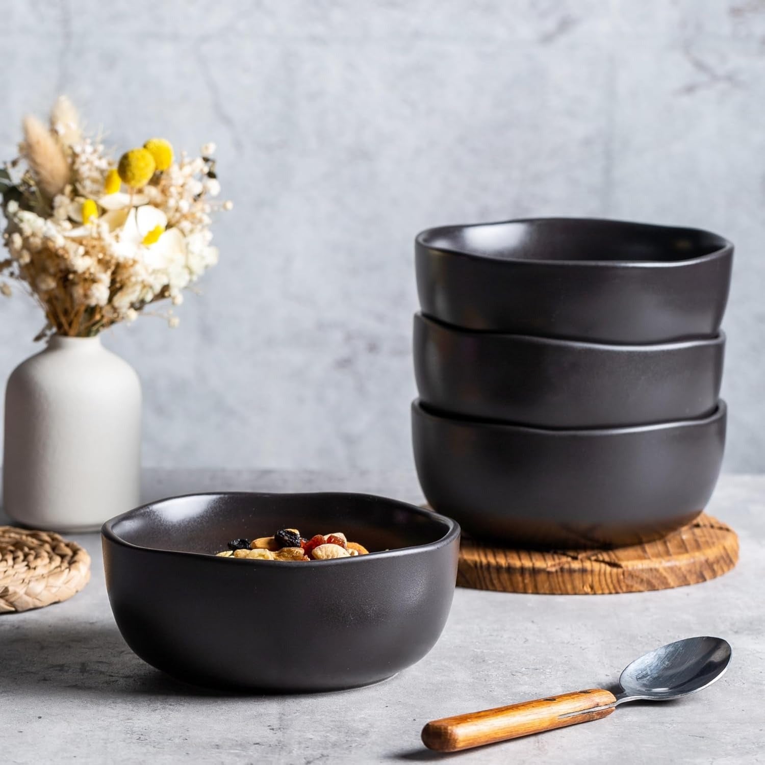 Matte White Reactive Glaze Stoneware Cereal Bowl Set